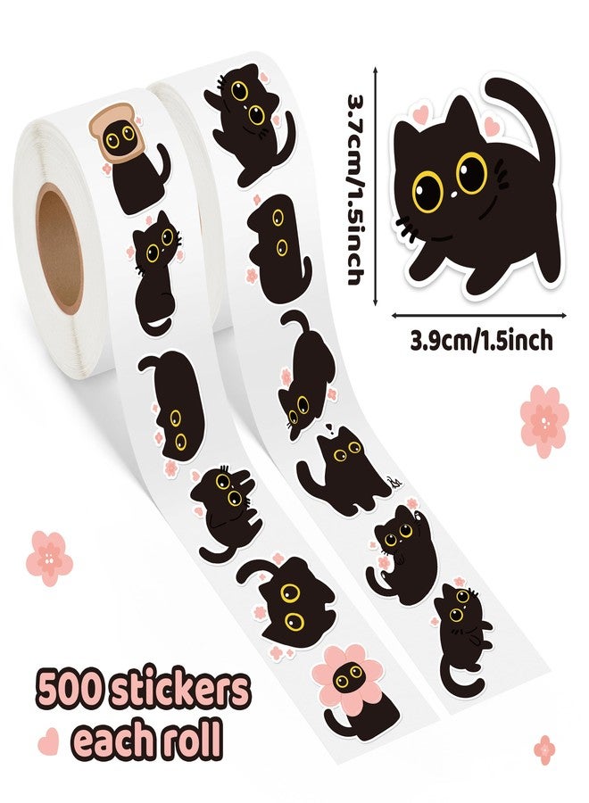 BkeeCten Black Cat Sticker Roll - 1000pcs Cute Black Cat Flower Waterproof Vinyl Reusable Laptop Stickers Coloring Book Scrapbook Water Bottle Page Activity Pad Birthday Party Favors Kids Skateboard - Image 2